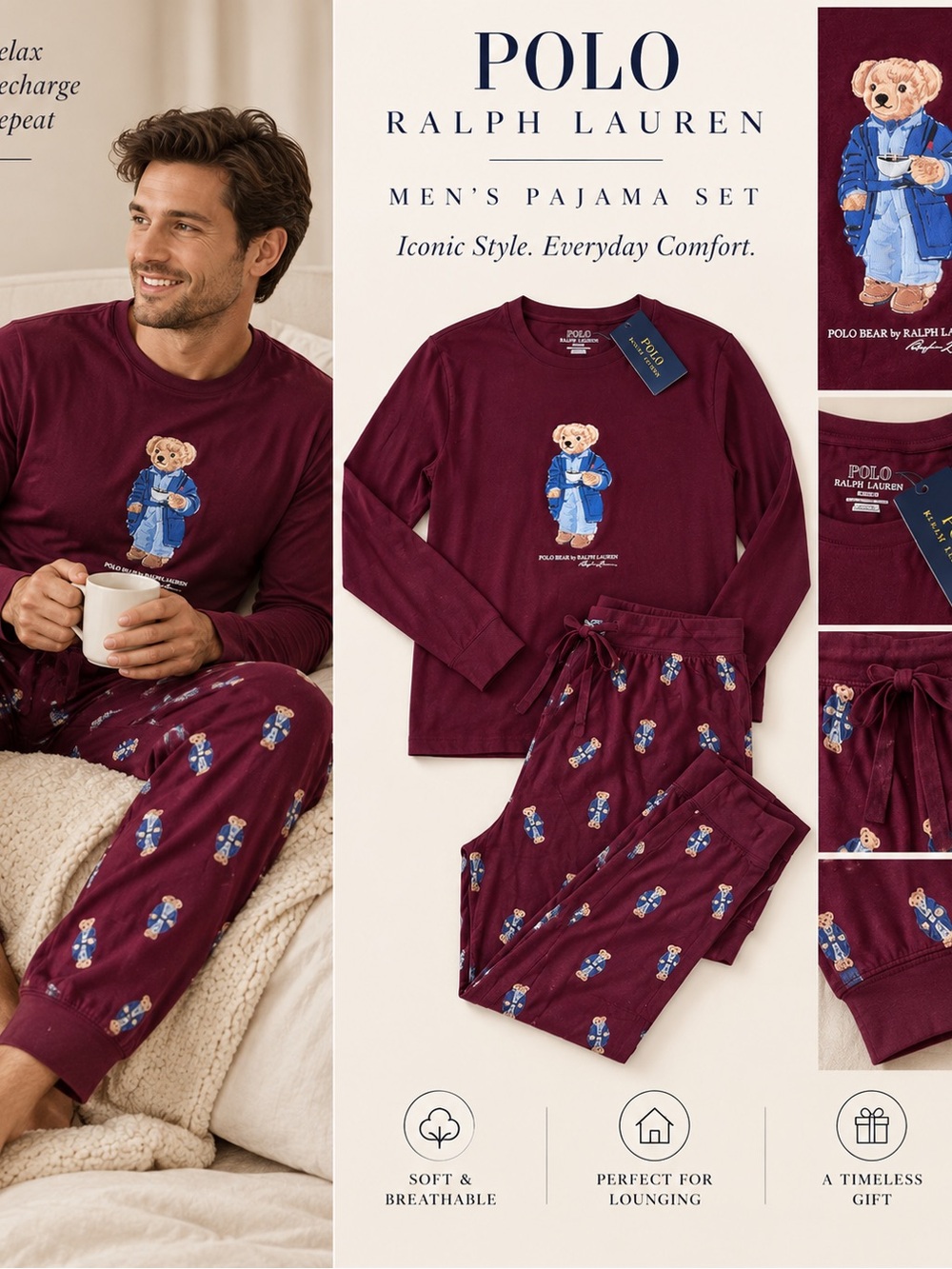 Polo by Ralph Lauren Burgundy Bear-Print Kids Pajama Set